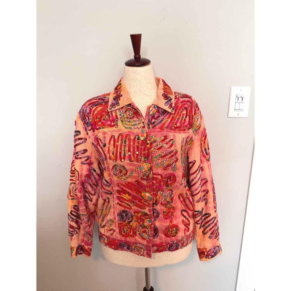 CARRIE ALLEN | Waffle Knit Jacket Women Large Pink Orange Sequin Art to Wear